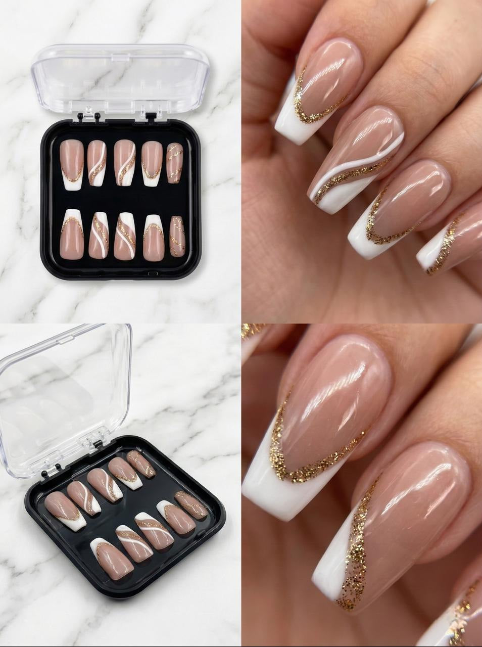 Accezia Press-On Nails – Nude Ivory Gold Almond | Reusable Kit Accezia™