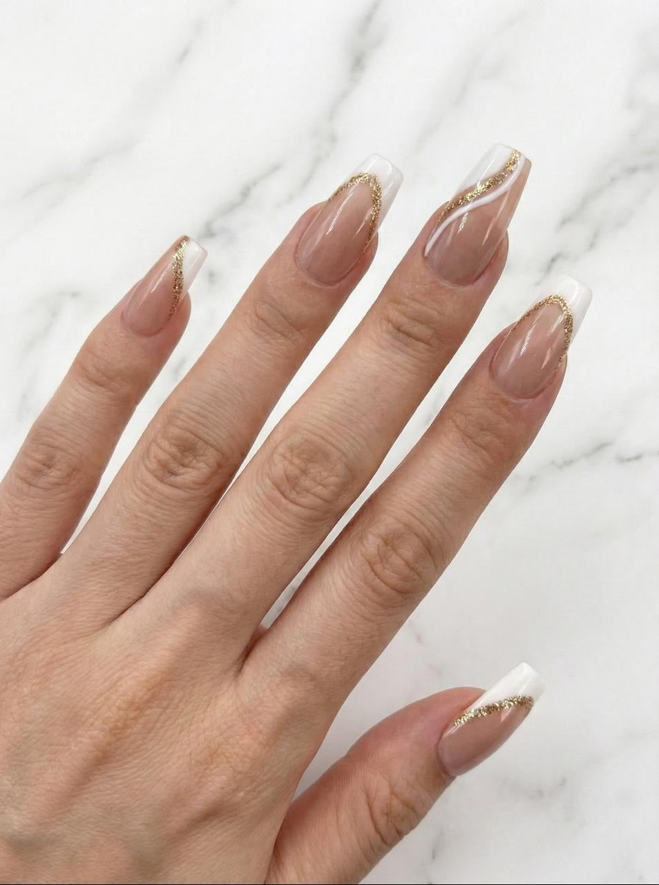Accezia Press-On Nails – Nude Ivory Gold Almond | Reusable Kit Accezia™