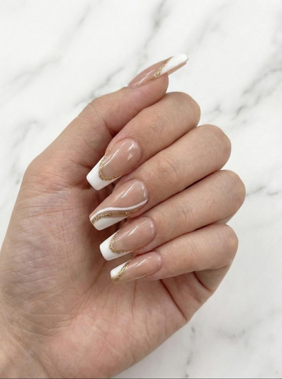 Accezia Press-On Nails – Nude Ivory Gold Almond | Reusable Kit Accezia™