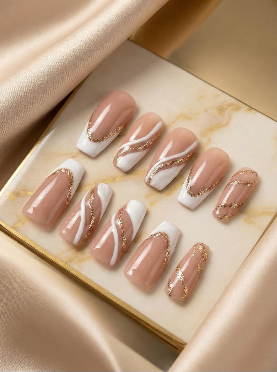 Accezia Press-On Nails – Nude Ivory Gold Almond | Reusable Kit Accezia™