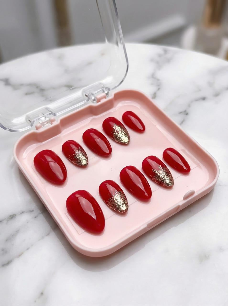 Accezia Red & Gold Luxe Press-On Nails with Application Kit | Reusable Salon-Quality Almond Nails for Women Accezia™