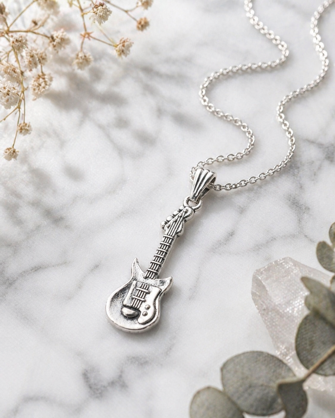 Silver Guitar Minimal Music Charm Chain